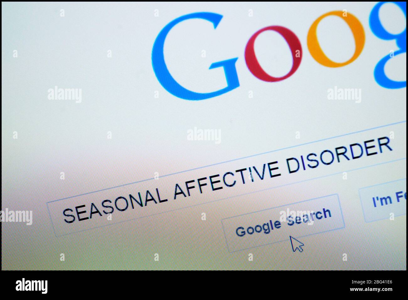 Disturbo affettivo stagionale digitato nella barra di ricerca sulla homepage di Google Foto Stock