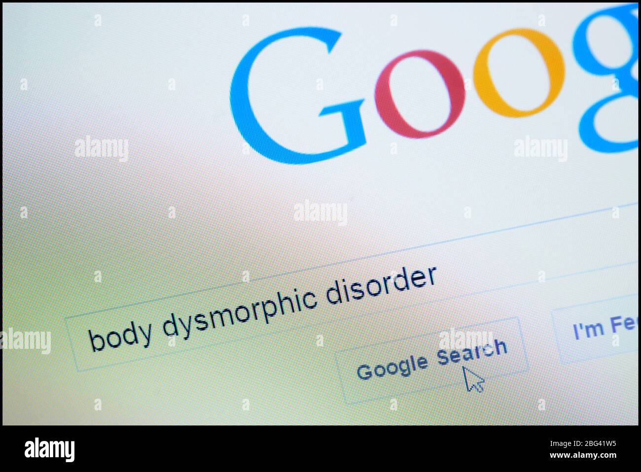 Disturbo dismorfico corpo digitato nella barra di ricerca sulla homepage di Google Foto Stock