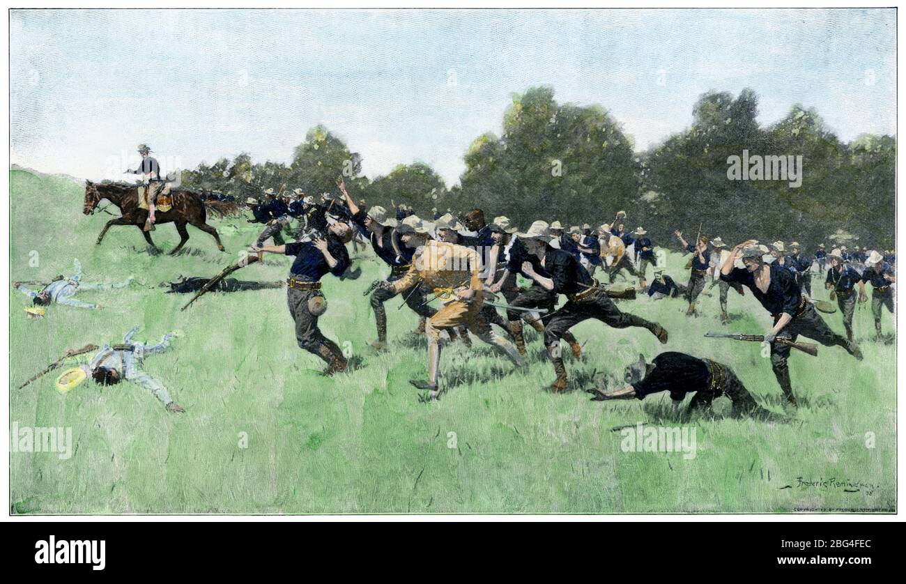 I Riders di Rough caricano San Juan Hill, guerra spagnolo-americana. Mezzitoni colorati a mano di un'illustrazione di Frederic Remington Foto Stock