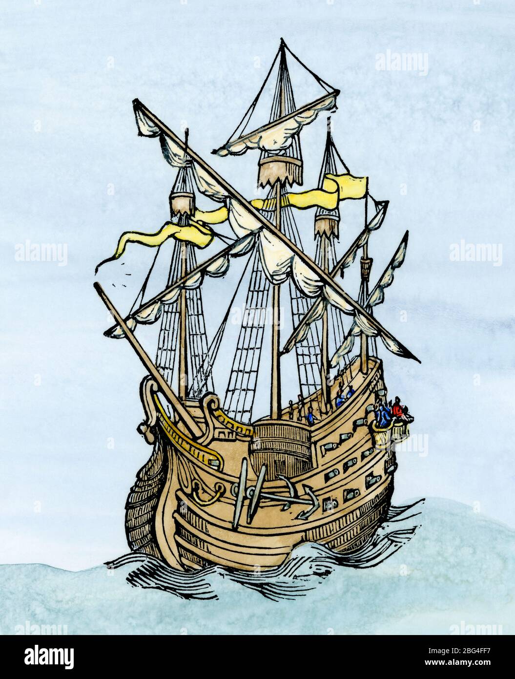 Nave della Armada spagnola in navigazione per l'Inghilterra, 1588. Taglio di legno colorato a mano Foto Stock