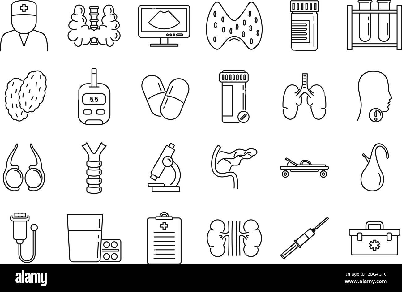 Set icone medico endocrinologo. Contorno insieme di icone vettoriali medico endocrinologo per web design isolato su sfondo bianco Illustrazione Vettoriale