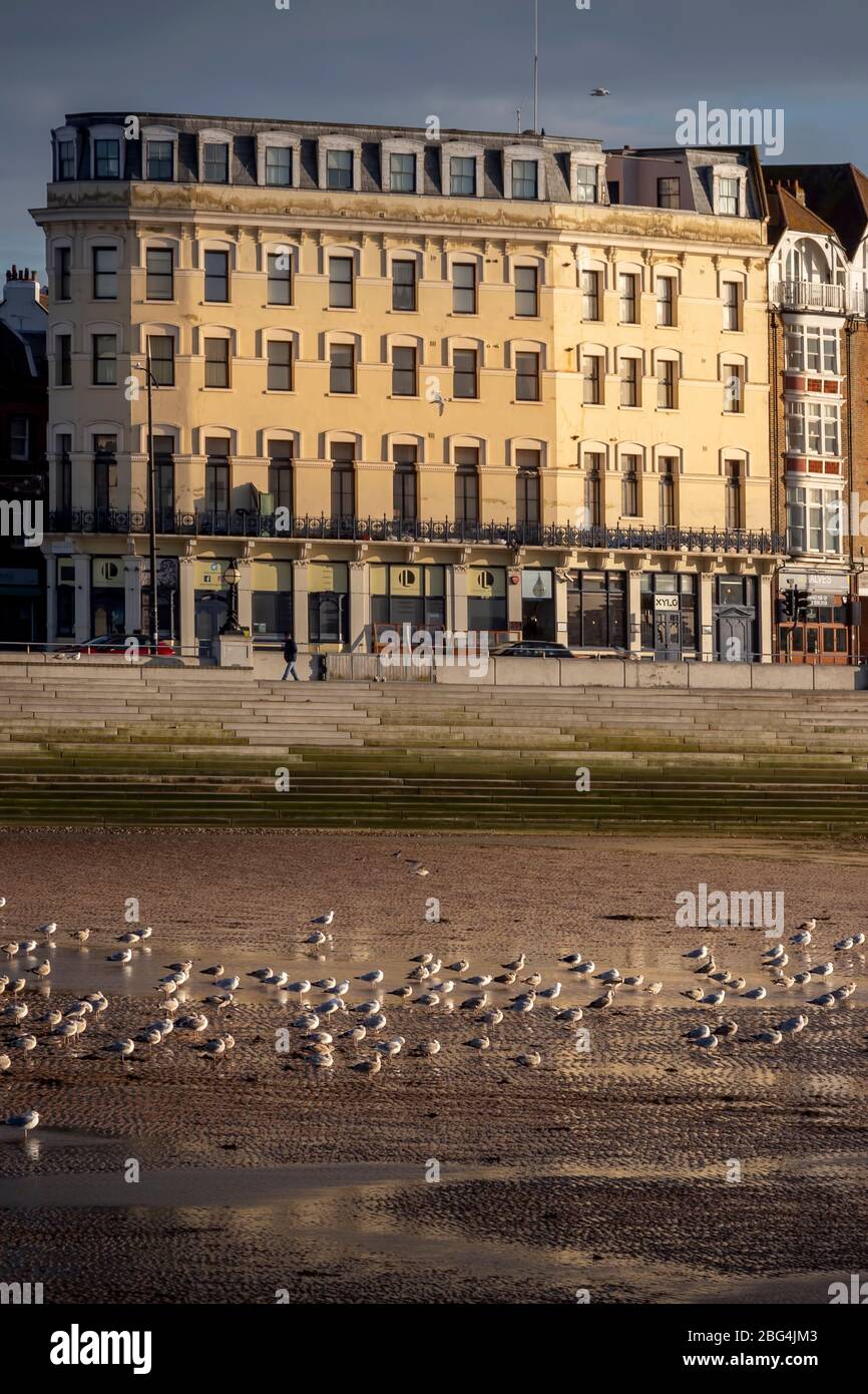 Uccelli e edificio sul lungomare di Margate Foto Stock