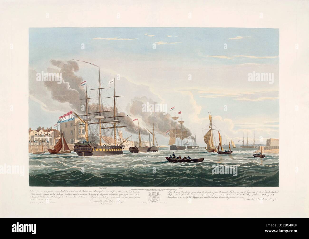 Navi mercantili olandesi che lasciano il porto di Portsmouth il 2 giugno 1833. Da un attacco datato 1835 da Robert Havell dopo John Christian Schetky. L’Inghilterra aveva imbarcato dodici navi olandesi nel 1832 per esercitare pressioni su Guglielmo d’Orange per sostenere l’elezione di Leopoldo come primo re dei belgi dopo che il paese ottenne l’indipendenza dai Paesi Bassi. Questa figura è una delle tre che mostrano le navi che lasciano l'Inghilterra dopo la revoca dell'embargo. Foto Stock