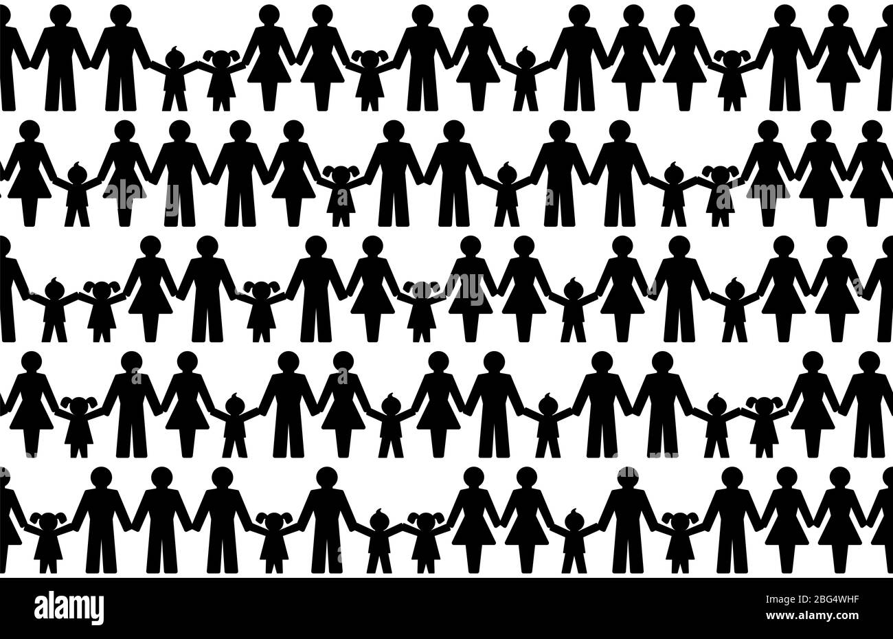 Pittogrammi di persone che tengono le mani, senza cuciture piastrelle. Simboli astratti di uomini, donne e bambini collegati che esprimono amicizia, amore e armonia. Foto Stock