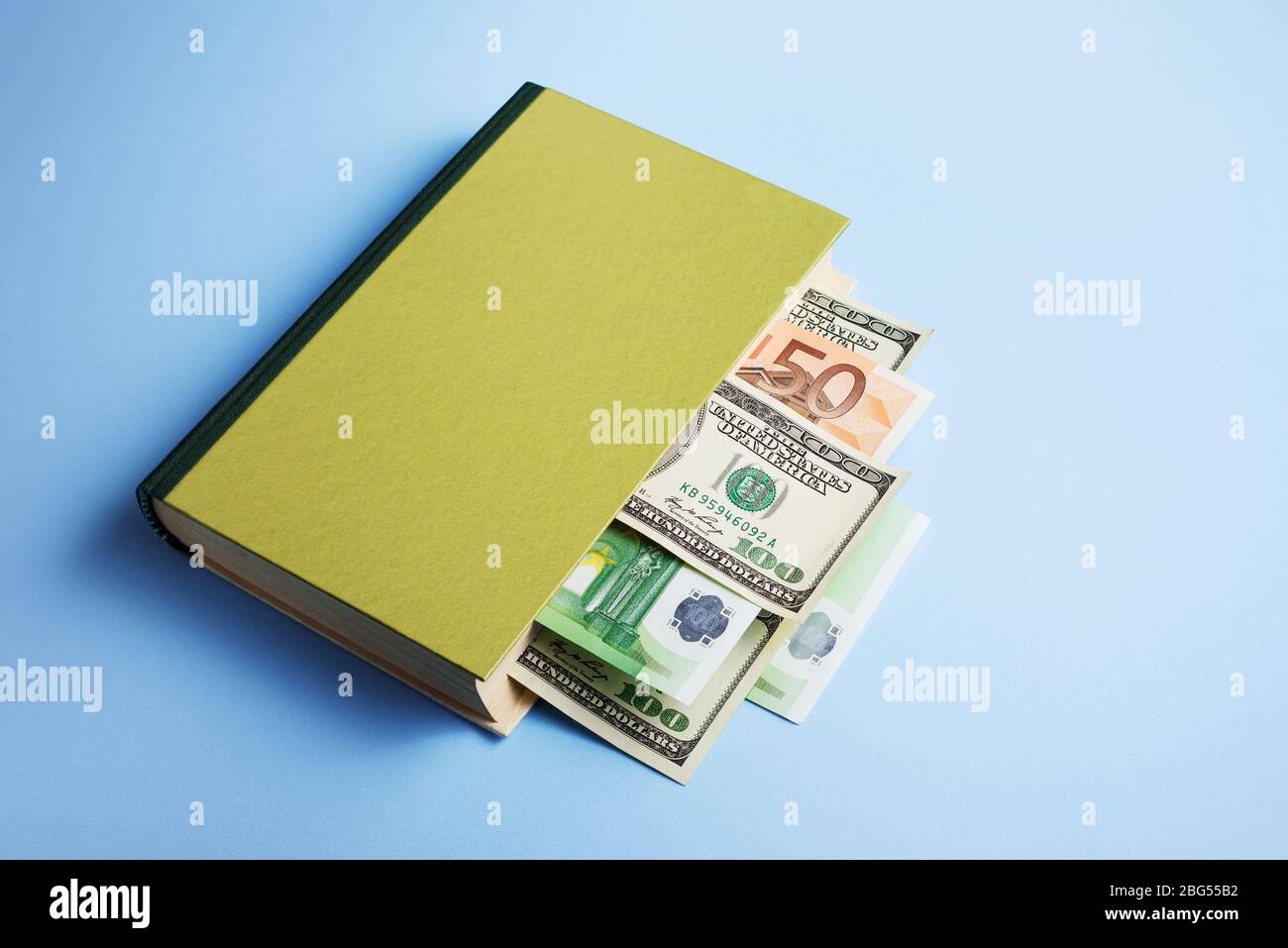 Concetto di alfabetizzazione finanziaria e di gestione del denaro. Prenota con un segnalibro sotto forma di dollaro e di euro Foto Stock