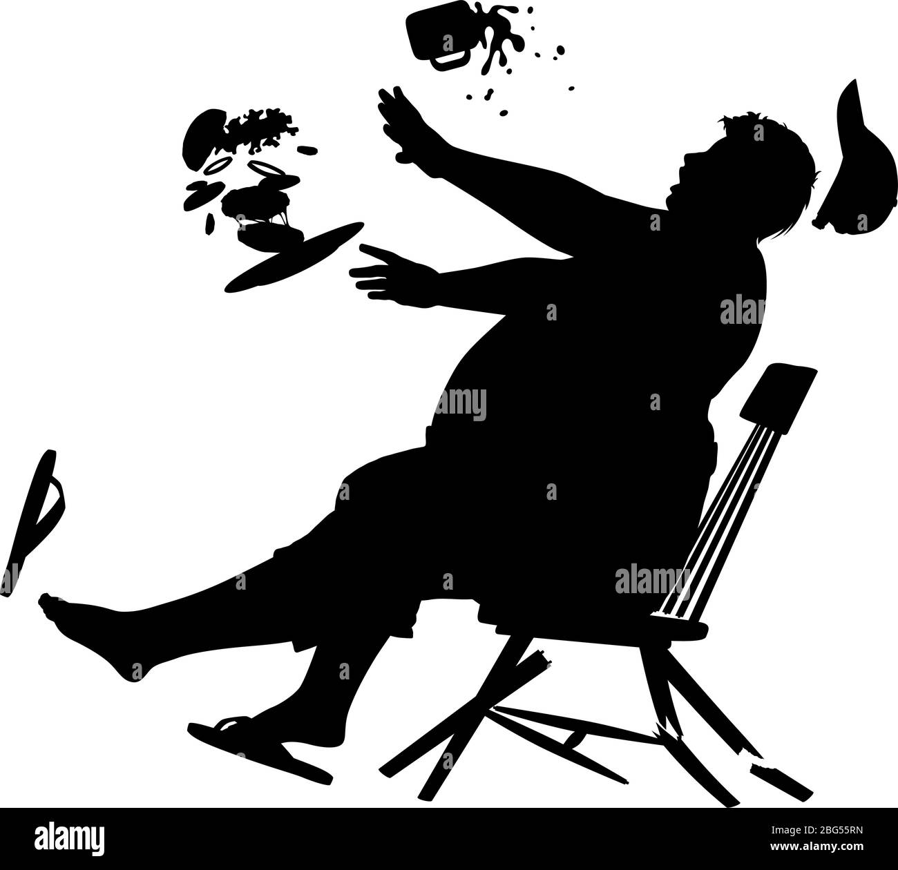 La silhouette vettoriale modificabile di una sedia di legno che crolla mentre un grande uomo si siede su di essa per mangiare un hamburger Illustrazione Vettoriale