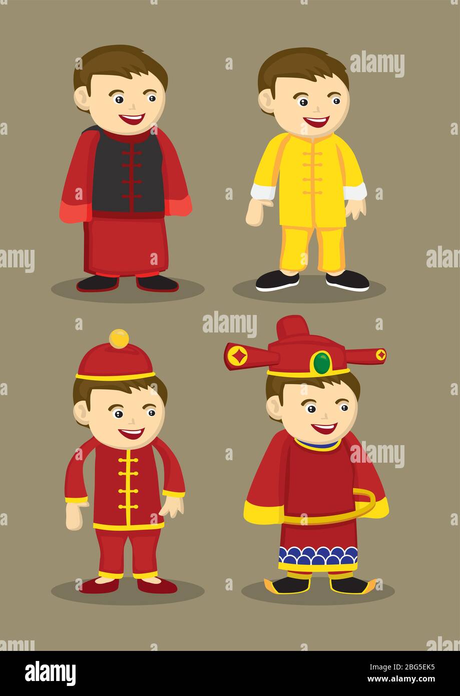 Illustrazione vettoriale di ragazzo cartoon in costume cinese tradizionale diverso. Illustrazione Vettoriale
