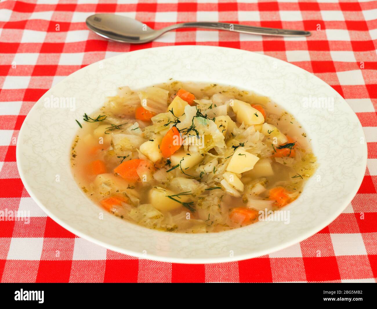 Zuppa di cavolo italiana in un piatto bianco su una tovaglia a plaid Foto Stock