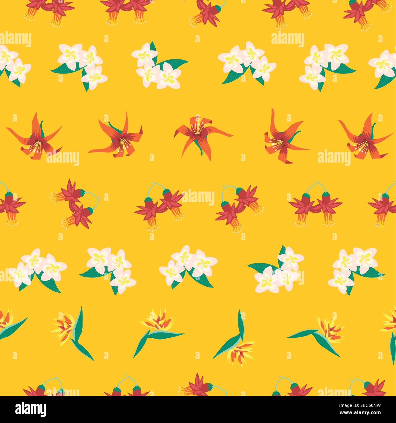 Fiore tropicale senza cuciture motivo vettoriale estate giallo. Fiori esotici sfondo. Illustrazione dell'uccello tropicale del paradiso, Frangipani, Plumeria Illustrazione Vettoriale