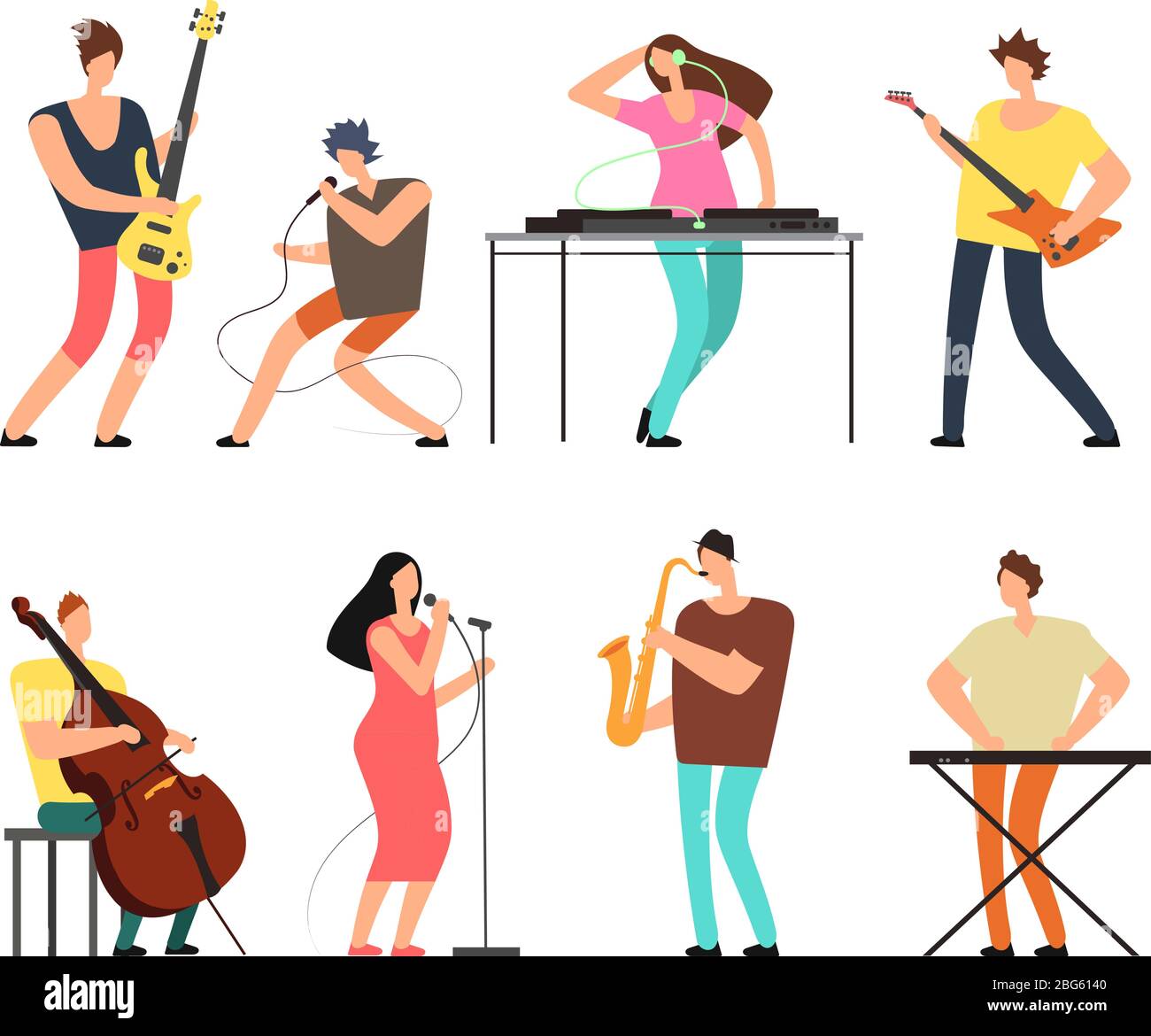 Musica band musicisti con strumenti musicali che suonano musica su scenico vettore set isolato. Gruppo di concerti sul palco, cantante musicale e spettacolo illus Illustrazione Vettoriale