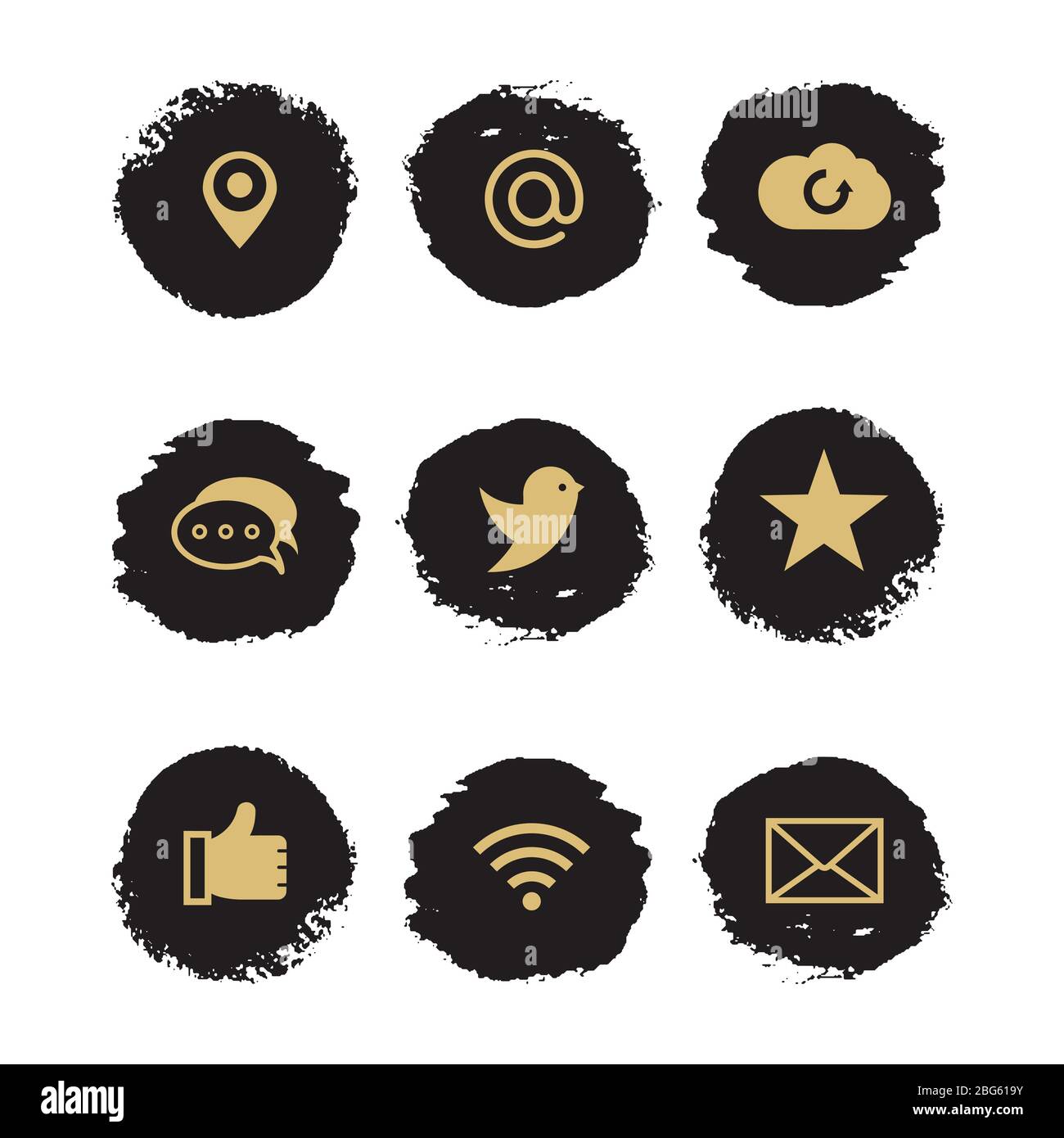 Icone di social media e network grunge con spot nero. Illustrazione vettoriale Illustrazione Vettoriale