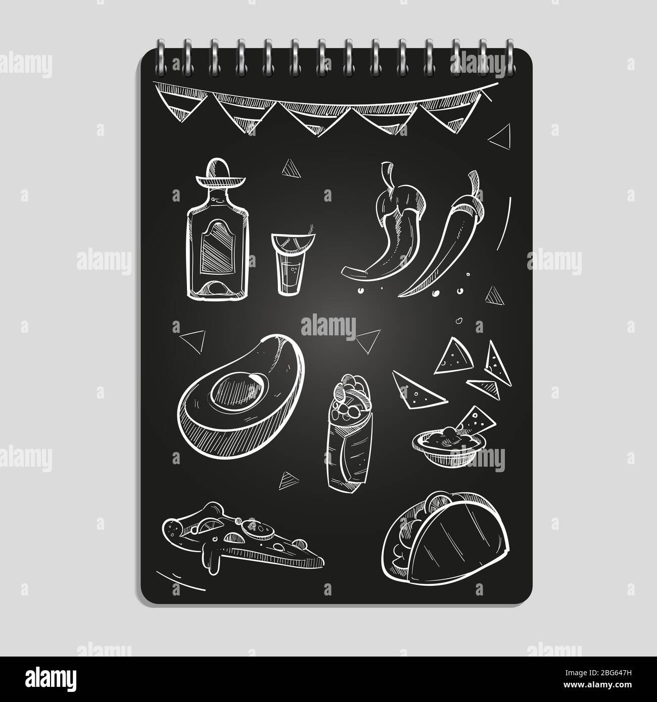Cibo messicano disegnato a mano e bevande impostato sulla pagina nera del notebook. Illustrazione vettoriale Illustrazione Vettoriale