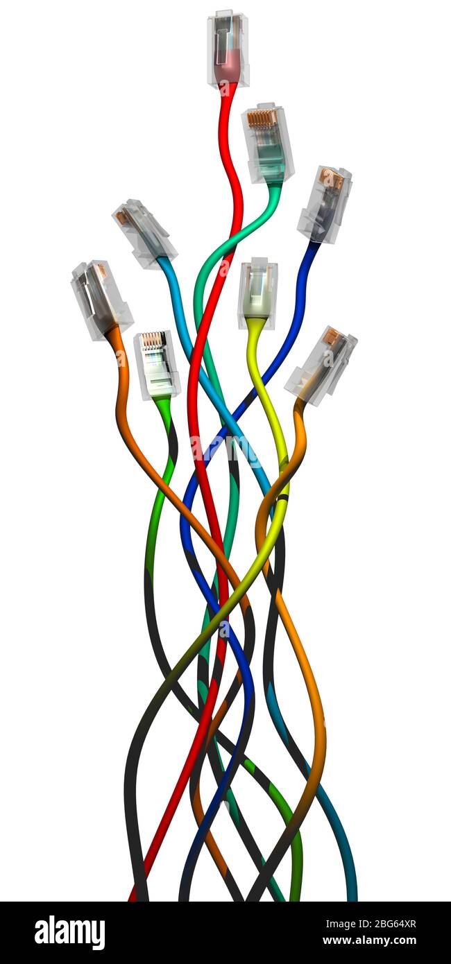 Cavi del computer. Rete, LAN Ethernet, sfondo bianco. Nastro aggrovigliato. Foto Stock Cavi del computer. Rete, LAN Ethernet, sfondo bianco. Nastro aggrovigliato. Foto Stock