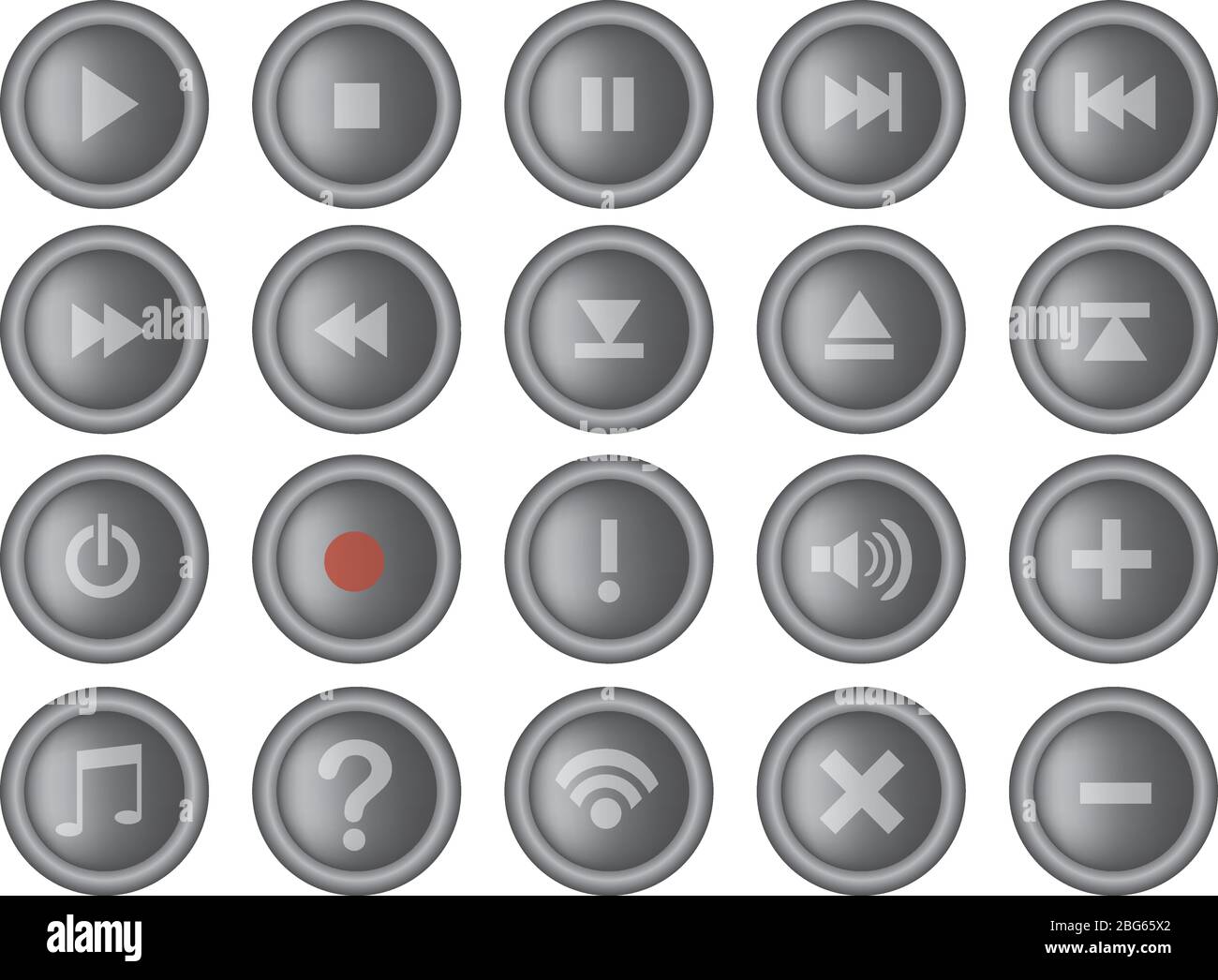 Pulsanti rotondi per l'interfaccia utente per l'elettronica e i computer Internet. Design dei pulsanti 3D in vettore isolato su bianco. Illustrazione Vettoriale