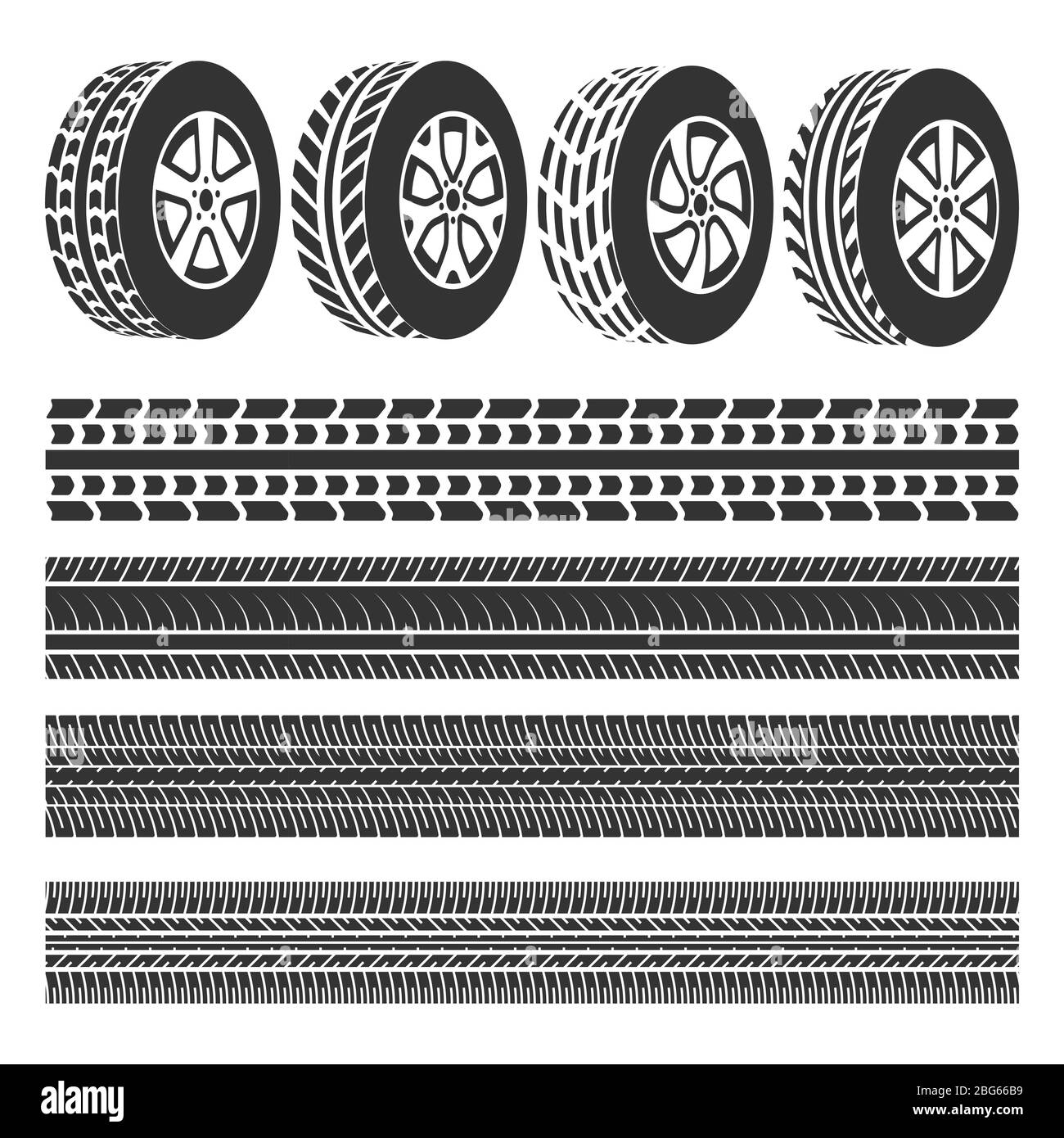 Negozio di pneumatici, le piste di pneumatici sono isolate da vettori su sfondo bianco Illustrazione Vettoriale
