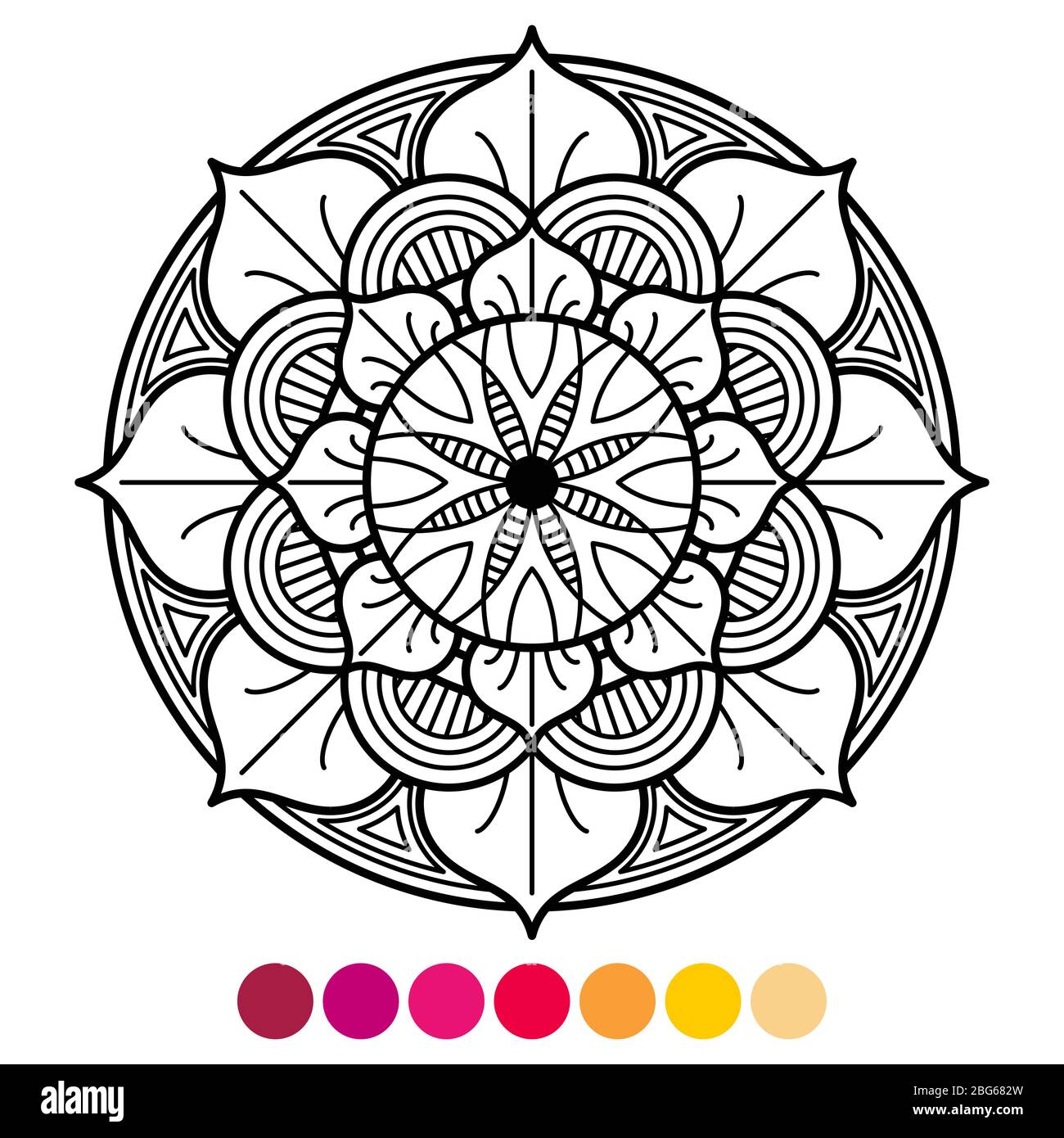 Pagina di colorazione Mandala per adulti. Colorazione antistress con campione di colore su sfondo bianco. Illustrazione vettoriale Illustrazione Vettoriale