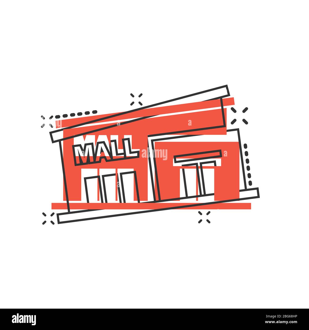 Icona Mall in stile comico. Memorizzazione di illustrazioni vettoriali su sfondo bianco isolato. Acquista Splash Effect business concept. Illustrazione Vettoriale