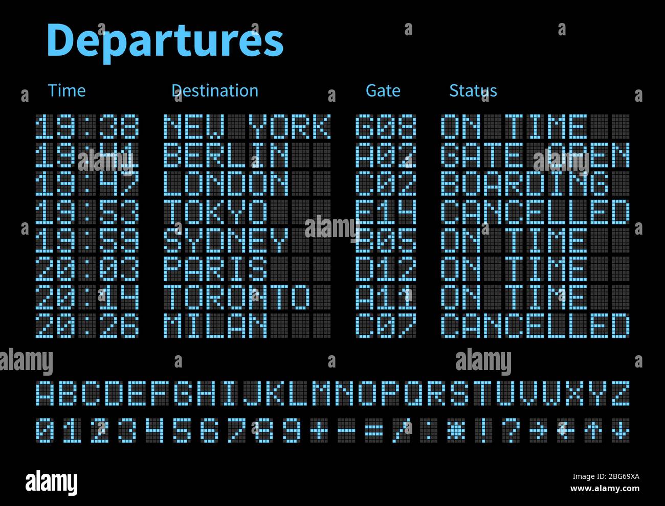 Modello vettoriale per la scheda digitale degli aeroporti di partenze e arrivi. Tabellone segnapunti con lettere e numeri a LED. Display digitale AirPort, tabellone pa Illustrazione Vettoriale