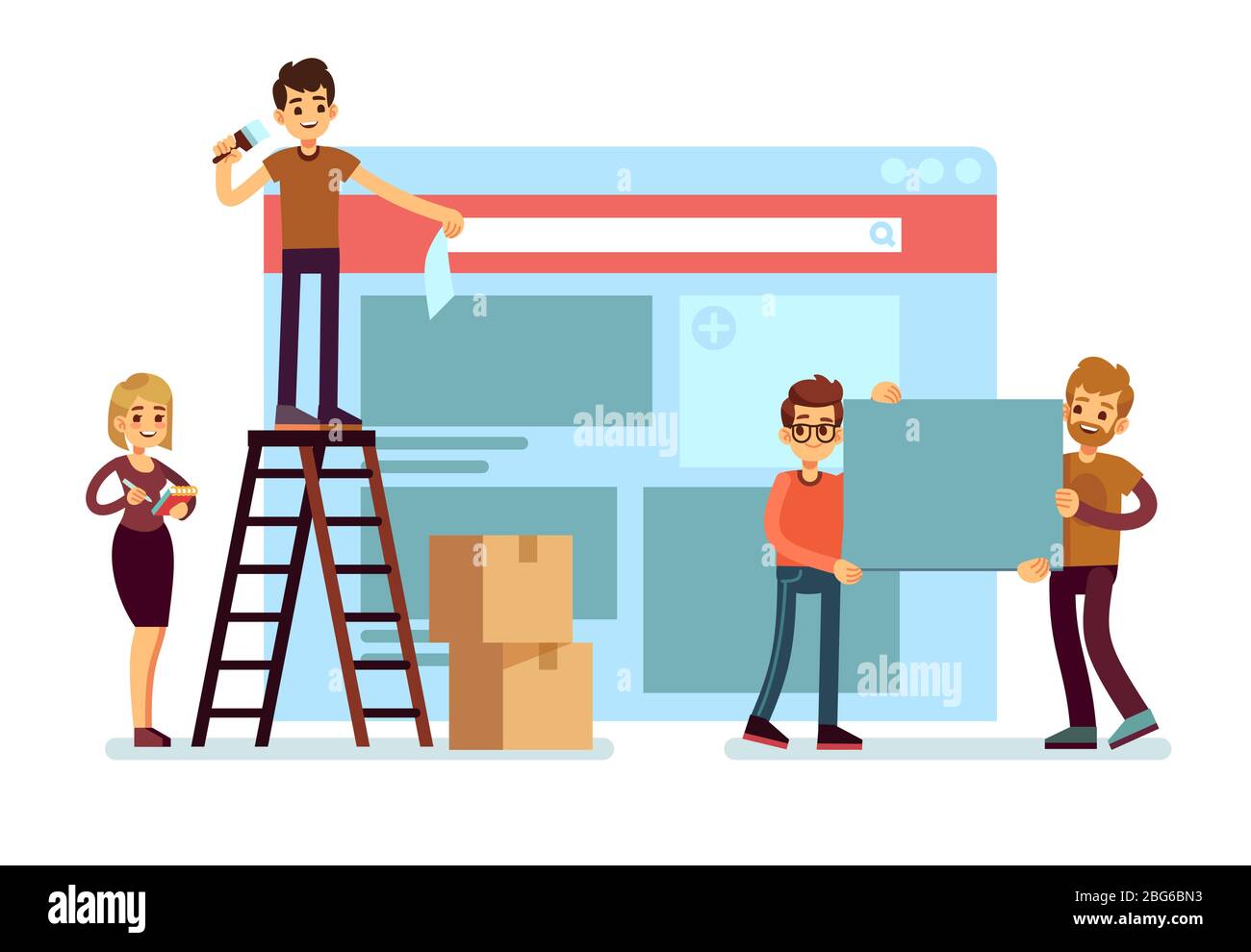 Costruzione di siti web e creazione di interfacce di webdesign con il team People. Concetto di vettore di sviluppo di interfaccia Web. Sviluppo di interfacce e interfacce Web Illustrazione Vettoriale