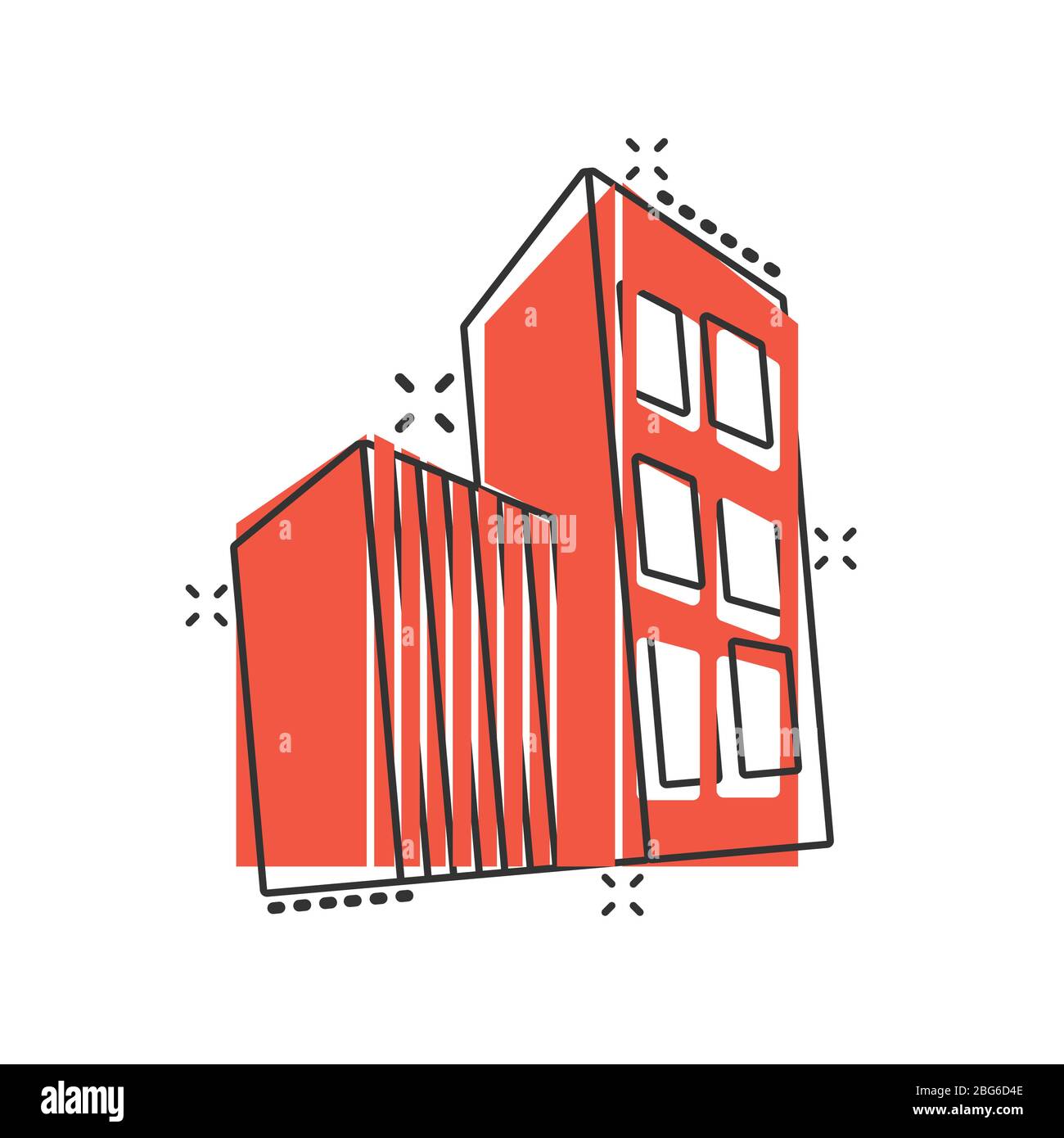 Costruzione di icone in stile comico. Illustrazione vettoriale dei grattacieli su sfondo isolato bianco. Architettura splash effect concetto aziendale. Illustrazione Vettoriale