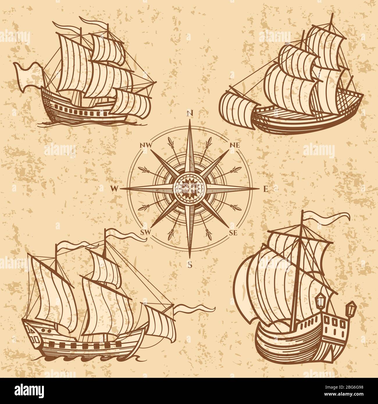 Collezione di navi d'epoca. Antico set di barche da viaggio. Nave vintage barca, viaggio mare yacht, disegno barca a vela marina illustrazione Illustrazione Vettoriale