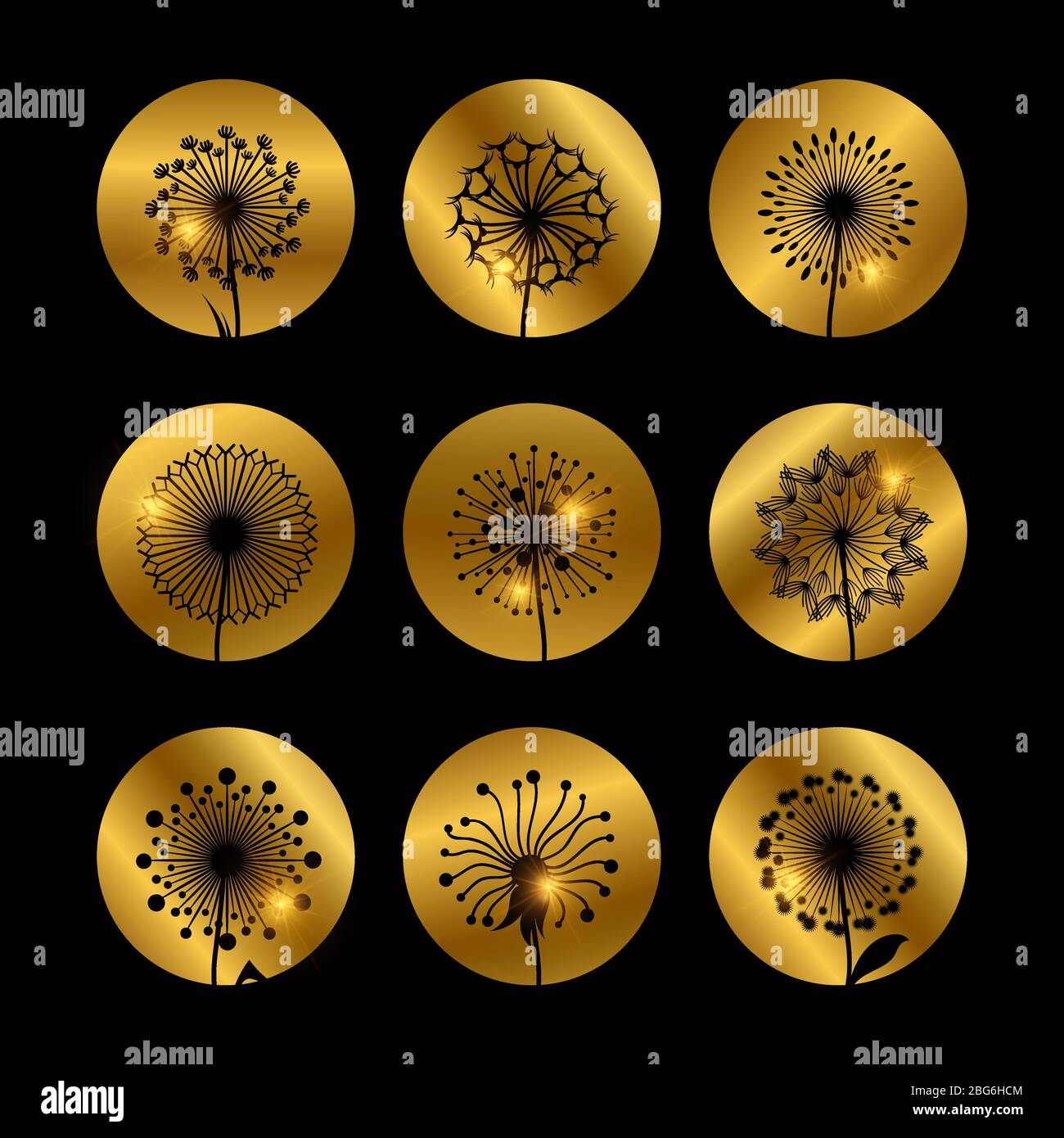 Dandelion fiori silhouette su sfondo dorato isolato su nero. Illustrazione vettoriale Illustrazione Vettoriale