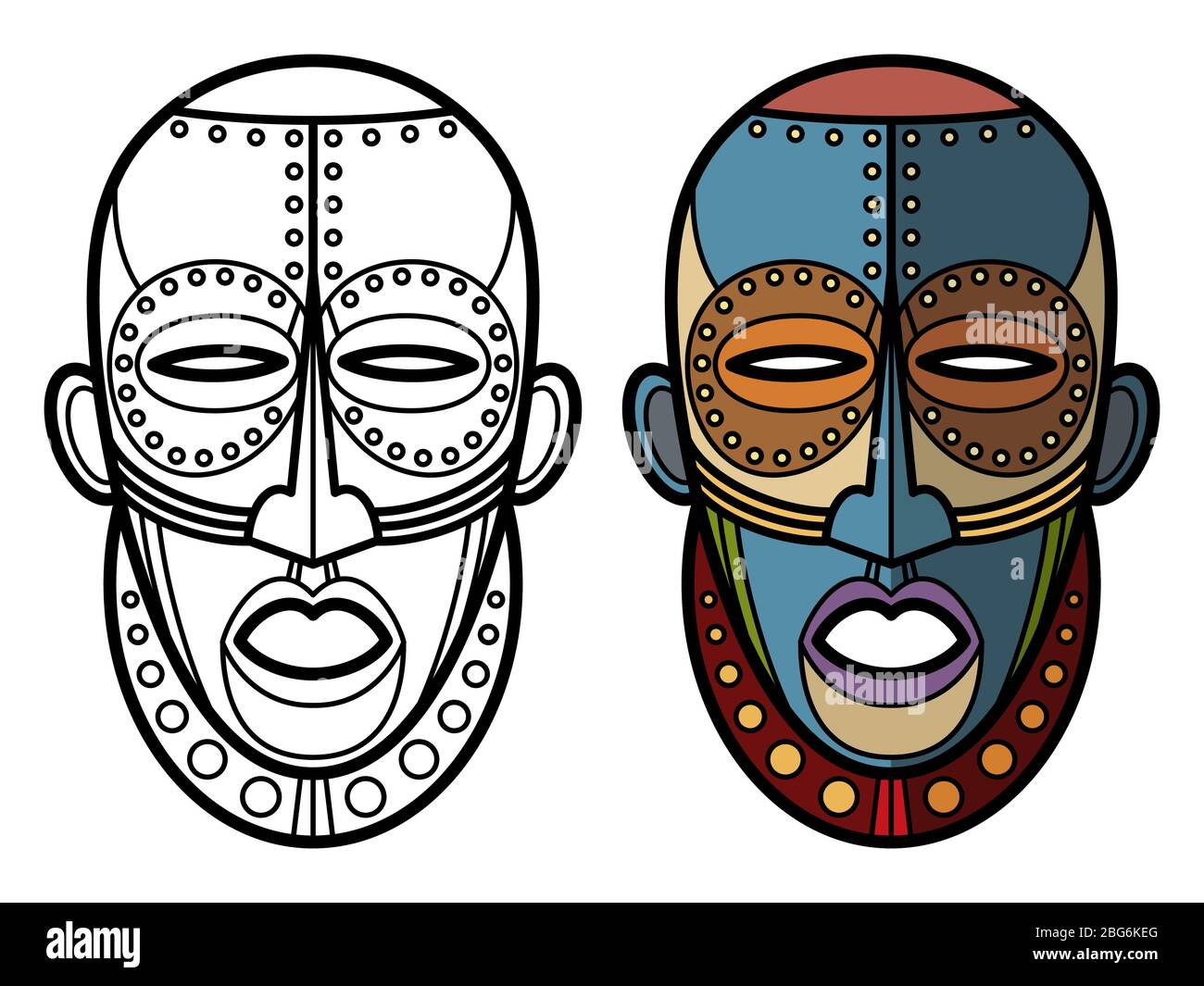 Maschere aztec messicane indiane pagina di colorazione di set isolato su bianco. Illustrazione vettoriale Illustrazione Vettoriale