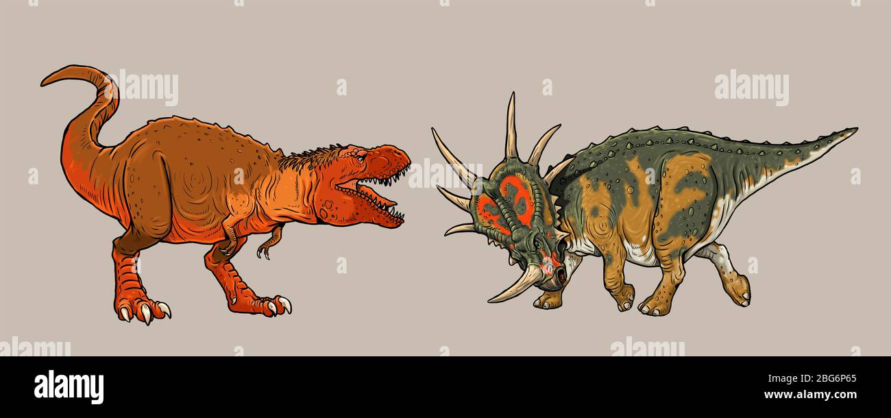 Dinosauri lotta. Stiracosauro contro Tyrannosaurus Rex. Illustrazione Dino. Foto Stock