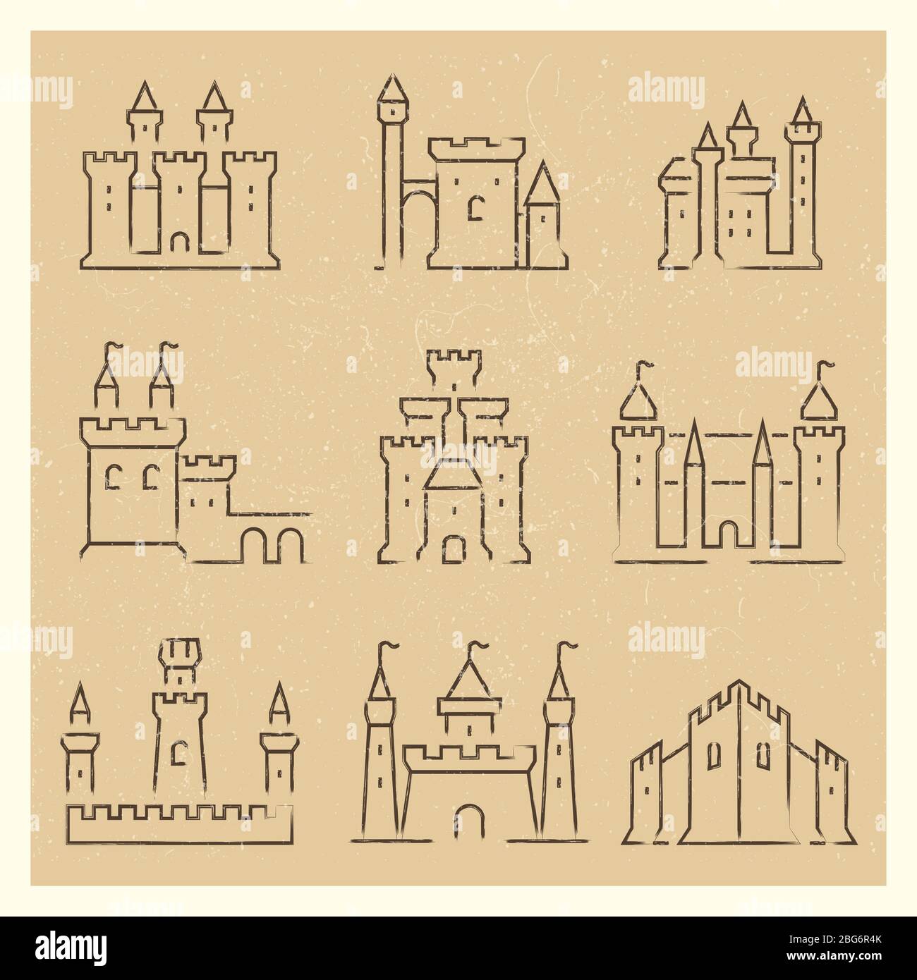 Set di castelli medievali linea icos. Architettura dell'edificio della torre, collezione di fortezza, illustrazione vettoriale Illustrazione Vettoriale