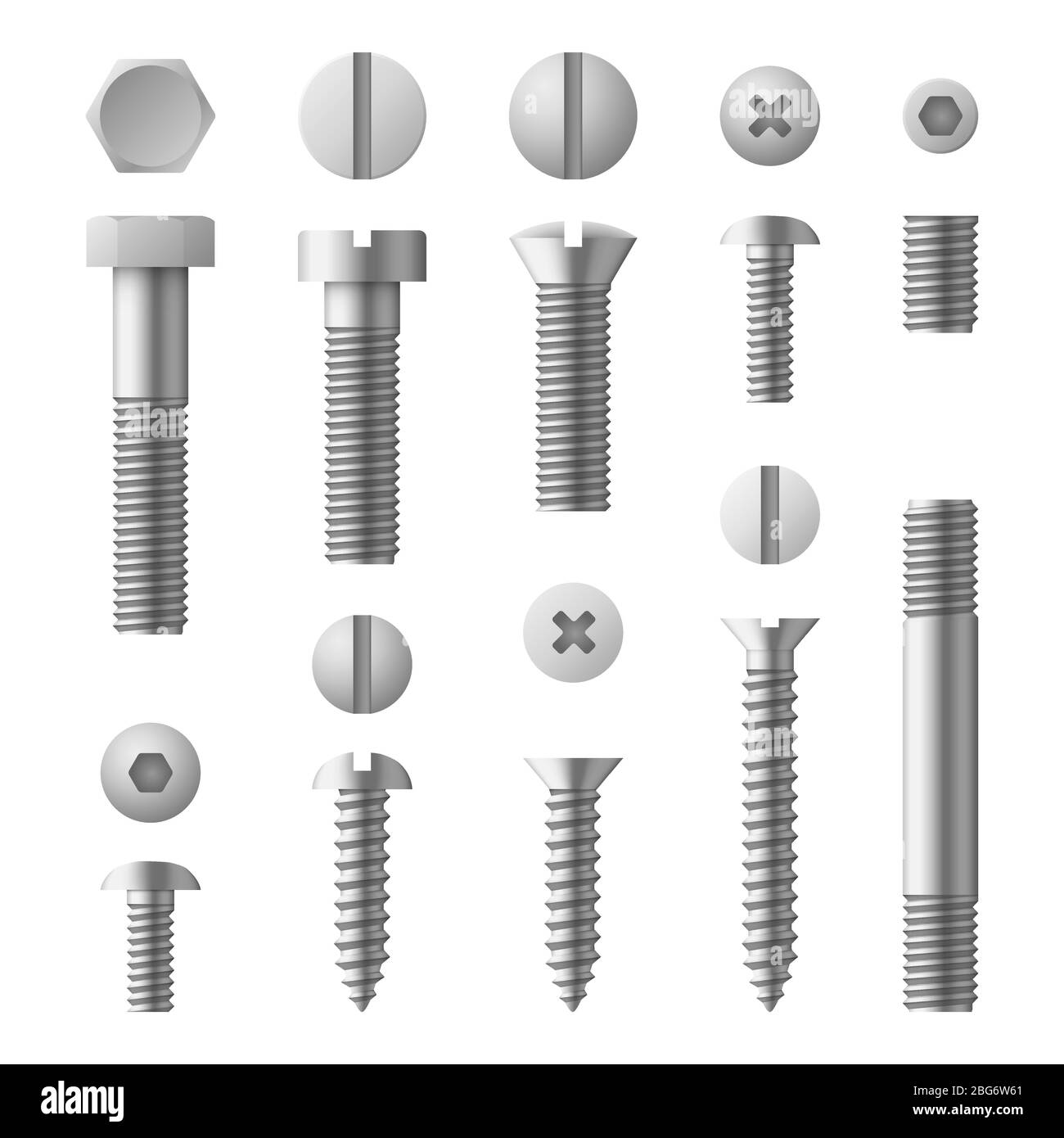 Set vettoriale isolato di viti, dadi, rivetti e bulloni 3D realistici. Illustrazione degli elementi per la correzione Illustrazione Vettoriale