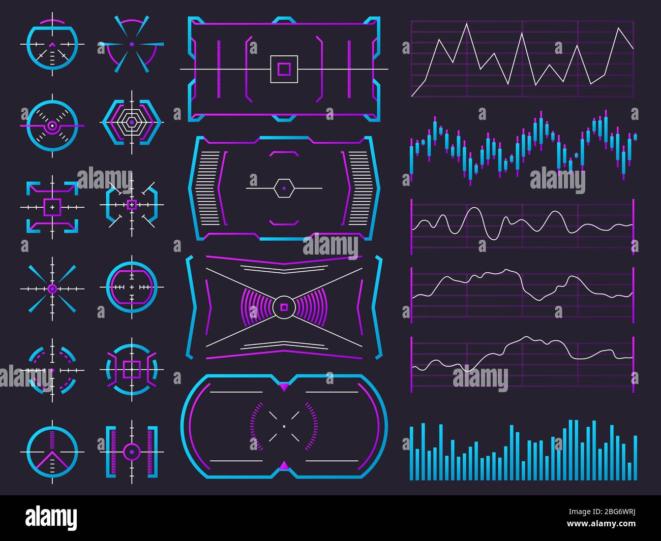 Futuristica interfaccia grafica ologramma schermi. Grafico, grafico, frame di interfaccia e regolatori di avvertimento. Set di vettori interfacce hud Future Science. Illustrazione o Illustrazione Vettoriale