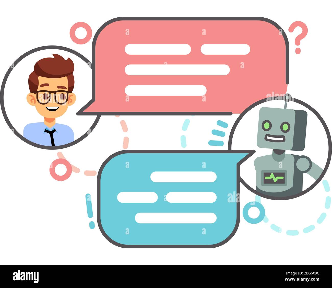 Conversazione umana con il robot sullo smartphone. Chattare con bot, concetto di vettore chatbot. Robot chat e intelligente, chattando sul telefono cellulare illustrazione Illustrazione Vettoriale