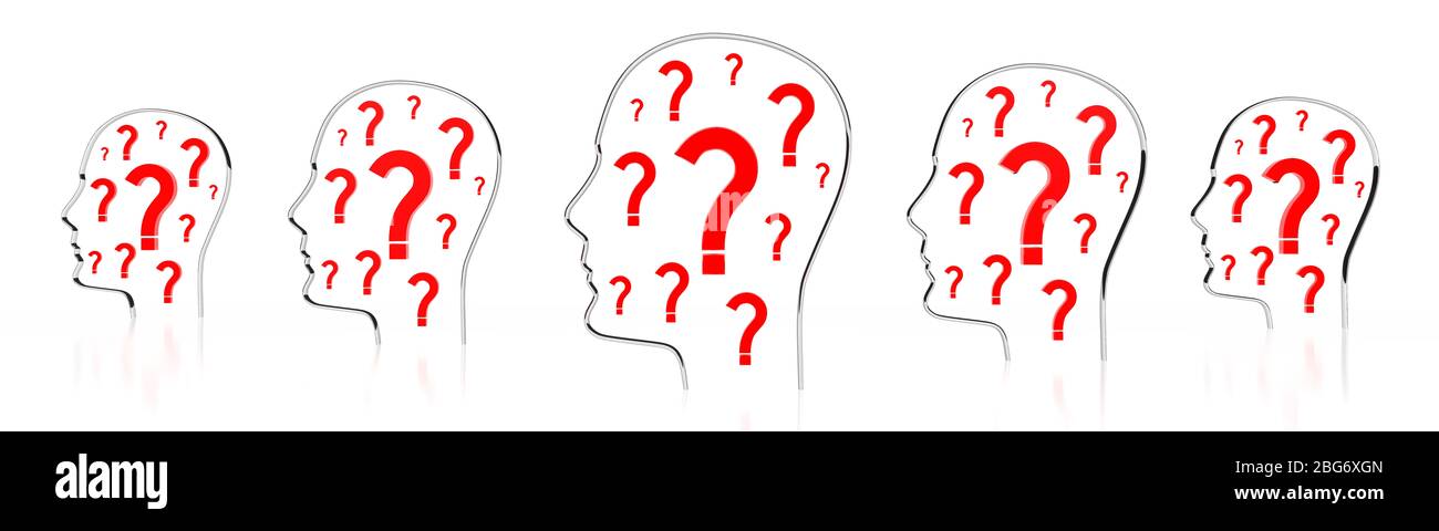 Forme della testa, punti interrogativi - illustrazione 3D Foto Stock
