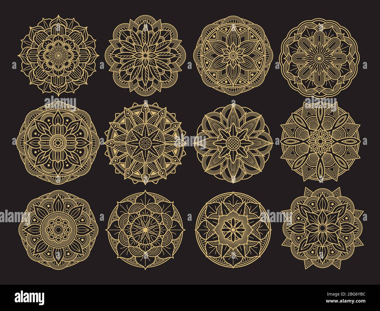 Design del set di mandala Golgen. Collezione di mandala decorativa asiatica, araba e coreana. Cerchio ornamento elemento motivo dell'illustrazione set Illustrazione Vettoriale