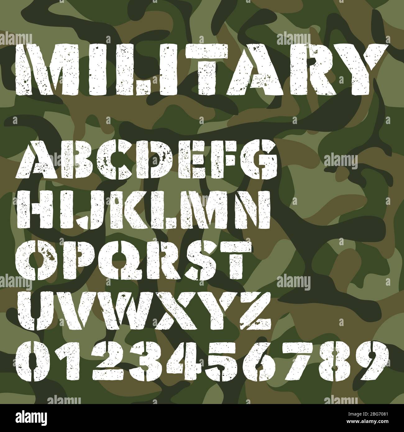 Antico alfabeto militare, lettere e numeri in grassetto sullo sfondo verde dell'esercito. Font vettoriale stencil. Carattere alfabetico vettoriale, esercito militare lett Illustrazione Vettoriale