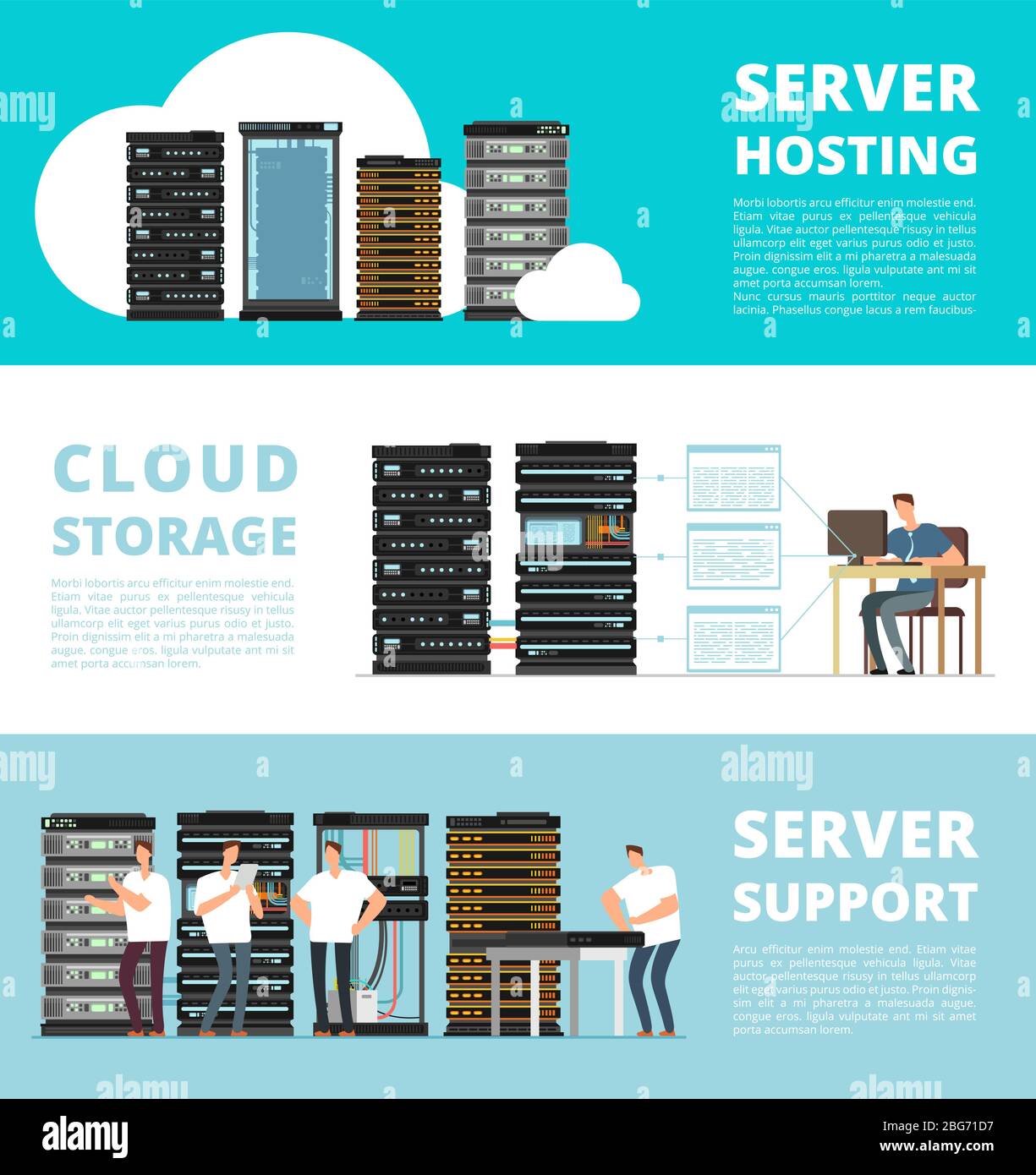 Amministrazione di rete e sistema server hardware. Servizio di progettazione dello storage dei dati. Illustrazione dell'amministrazione del server di hosting vettoriale e del servizio di supporto Illustrazione Vettoriale