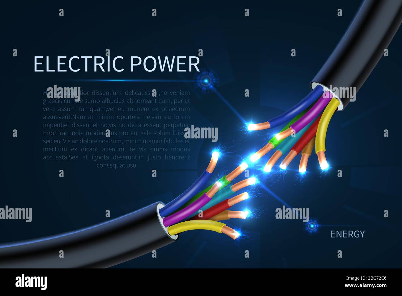Cavi elettrici, cavi elettrici per energia astratta sfondo vettoriale industriale. Energia del cavo, collegamento elettrico del cavo, collegamento della linea elettrica Illustrazione Vettoriale