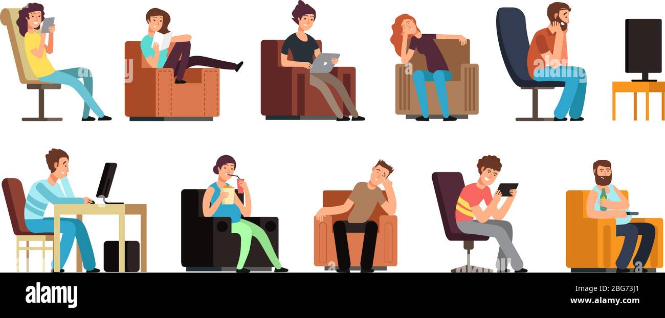 Uomo e donna sedentari sul divano guardando la tv, il telefono, la lettura. Pigro stile di vita cartoon vettori personaggi isolati. Illustrazione della poltrona rilassante, re Illustrazione Vettoriale