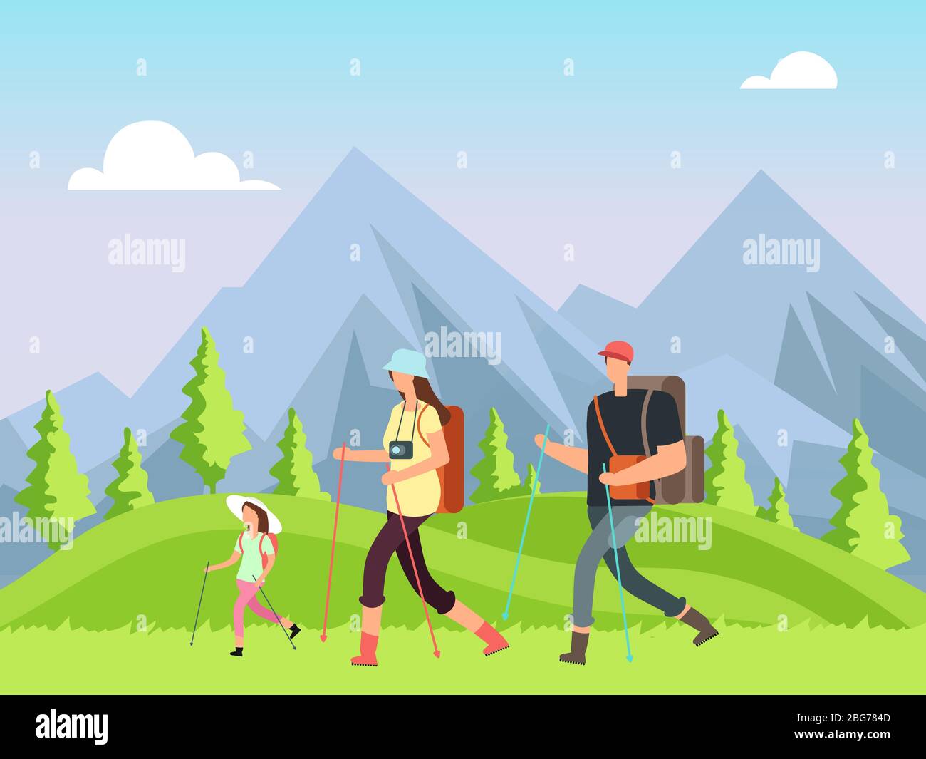 Escursioni in famiglia nella natura. Trekking uomo, donna e bambini con paesaggio alpino all'aperto. Estate avventura sfondo vettoriale. Passeggiata per famiglie, zaino Illustrazione Vettoriale