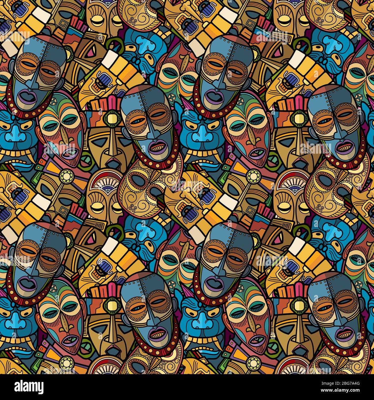 Maschera tribale voodoo artigianale africana e simboli totem cultura sudamericana inca modello senza giunture. Illustrazione vettoriale Illustrazione Vettoriale