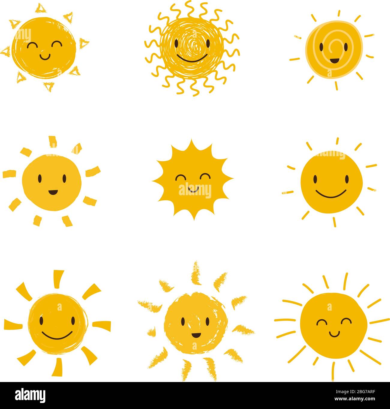 Sole felice carino con faccia sorridente. Set di vettore sole estivo isolato. Sorriso al viso sole, cartoon giallo brillare illustrazione Illustrazione Vettoriale