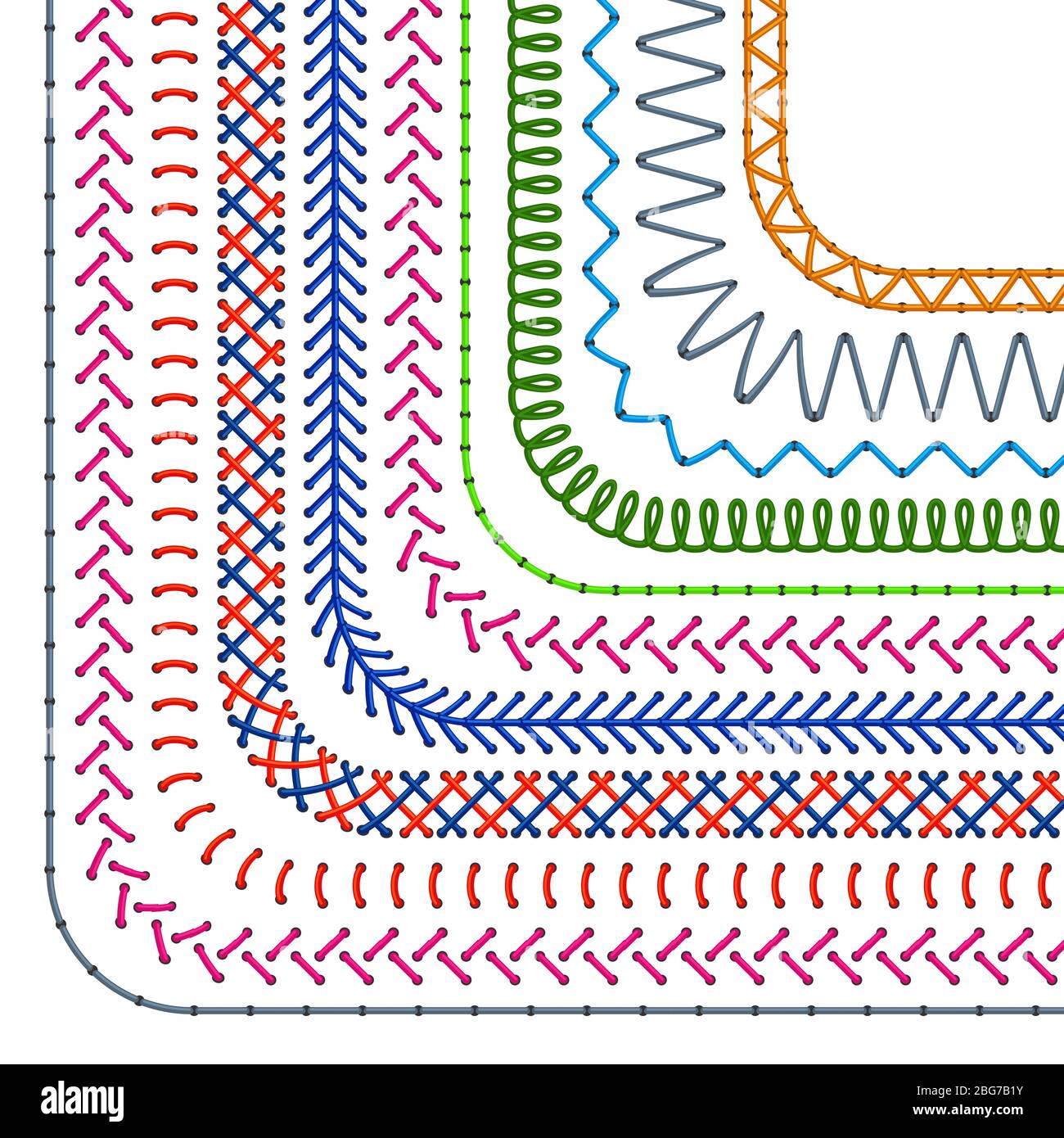 Pennelli con motivo cucito. Serie vettoriale di bordi e divisori per cucitura senza cuciture. Immagine dell'angolo di abbellimento del punto Illustrazione Vettoriale