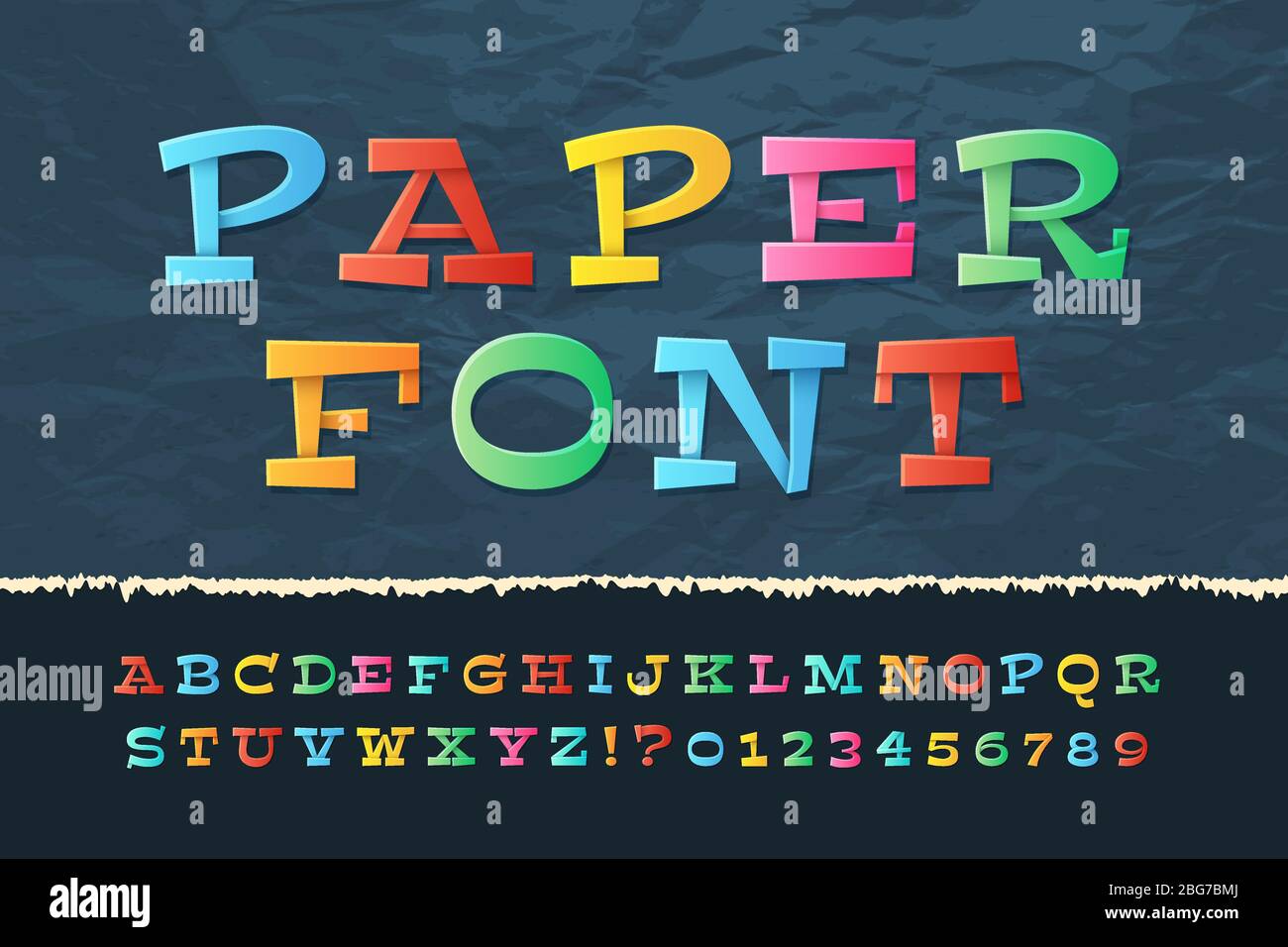 Alfabeto su carta a colori. Carattere divertente cartoon vacanza. Lettere e numeri vettoriali per bambini della scuola. Illustrazione della carta abc e numeri classici origami Illustrazione Vettoriale