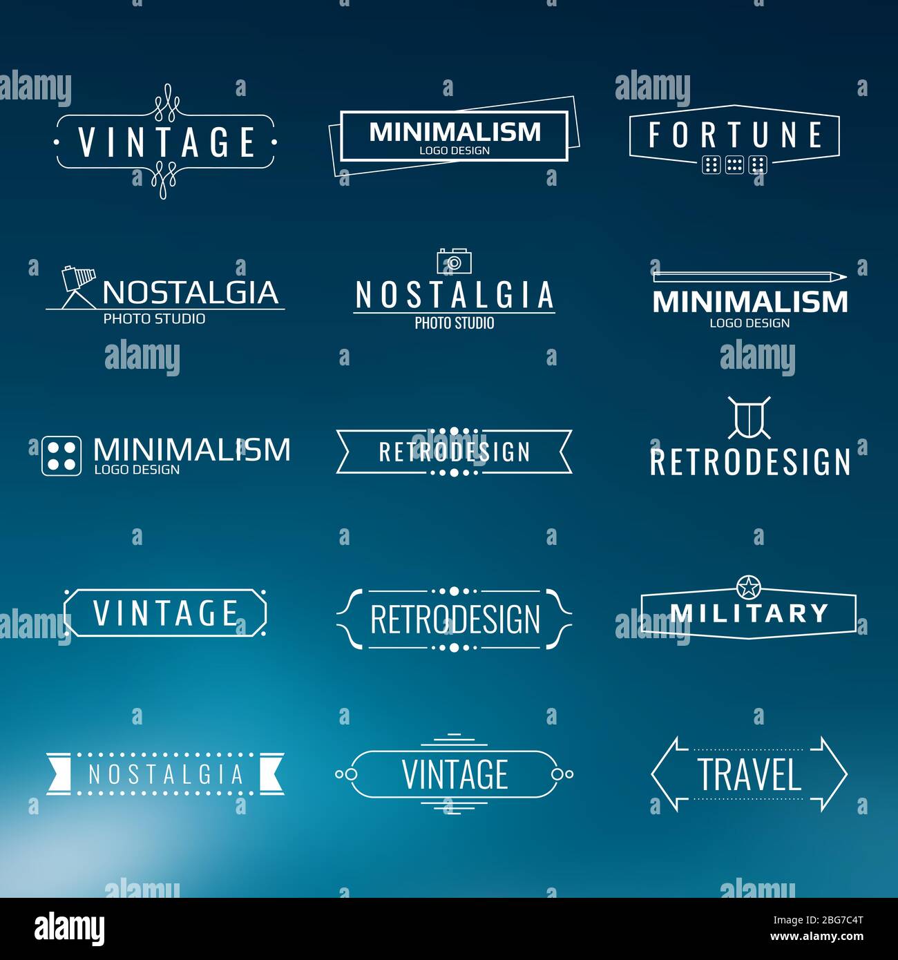 Modelli di logo Vector minimal vintage del set. Le etichette di stile retro disegnano l'illustrazione Illustrazione Vettoriale