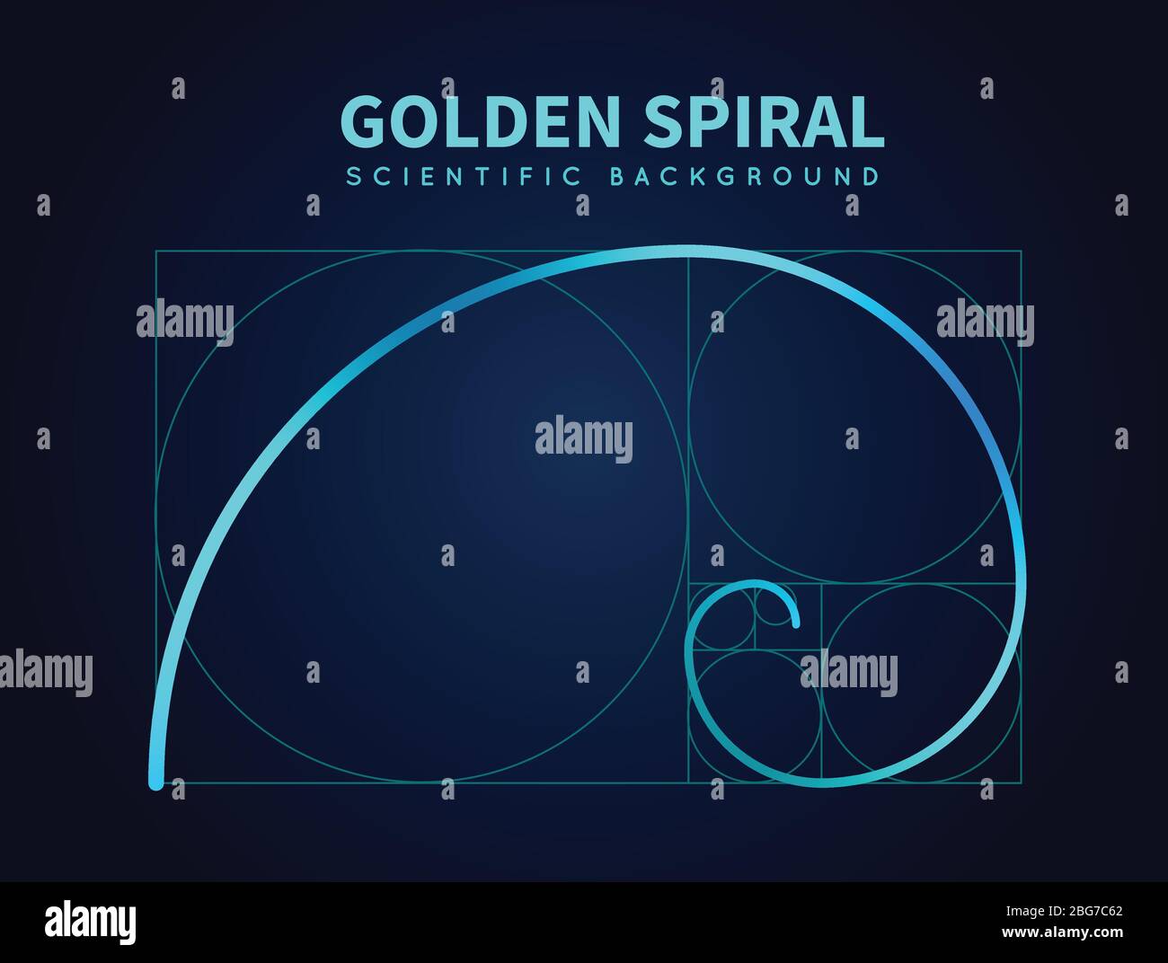 Formula matematica della spirale fibonacci. Regola della sezione Golden ratio. Sfondo astratto vettoriale. Spirale sezione dorata, illustrazione matematica proporzionale Illustrazione Vettoriale