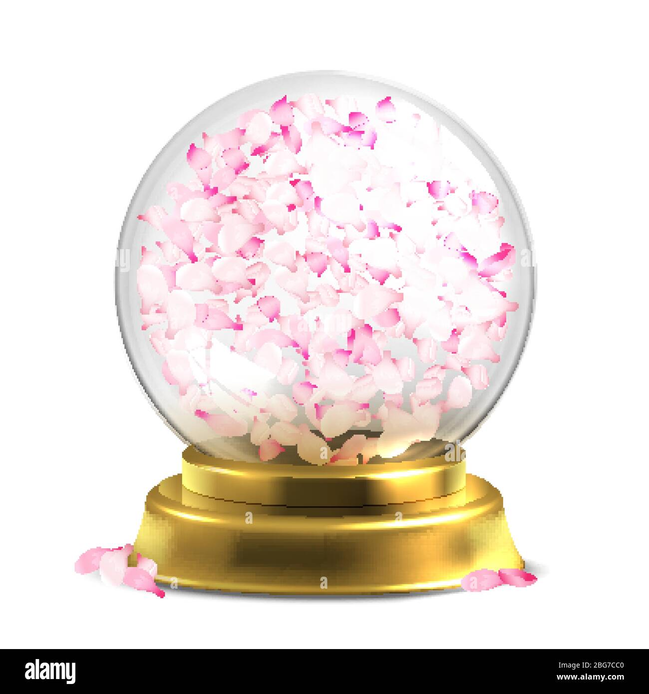 Sfera magica con petali rosa vettore isoato su sfondo bianco. Souvenir in vetro sferico, illustrazione trasparente lucida Illustrazione Vettoriale