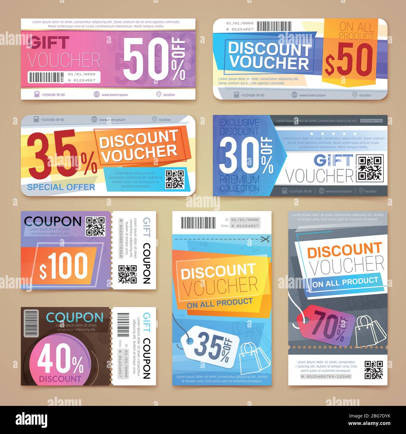 Buoni sconto e buoni regalo. Modelli di materiali promozionali vettoriali. Offerta banner, certificato speciale, illustrazione del prezzo di vendita Illustrazione Vettoriale