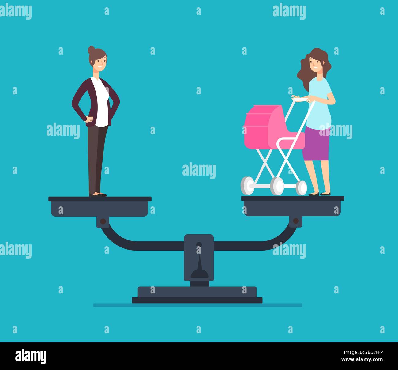 Donna di successo in piedi su scale, scegliendo tra la carriera e la famiglia. Business vettore concetto di famiglia o, carriera, equilibrio di affari e la vita illustrat Illustrazione Vettoriale