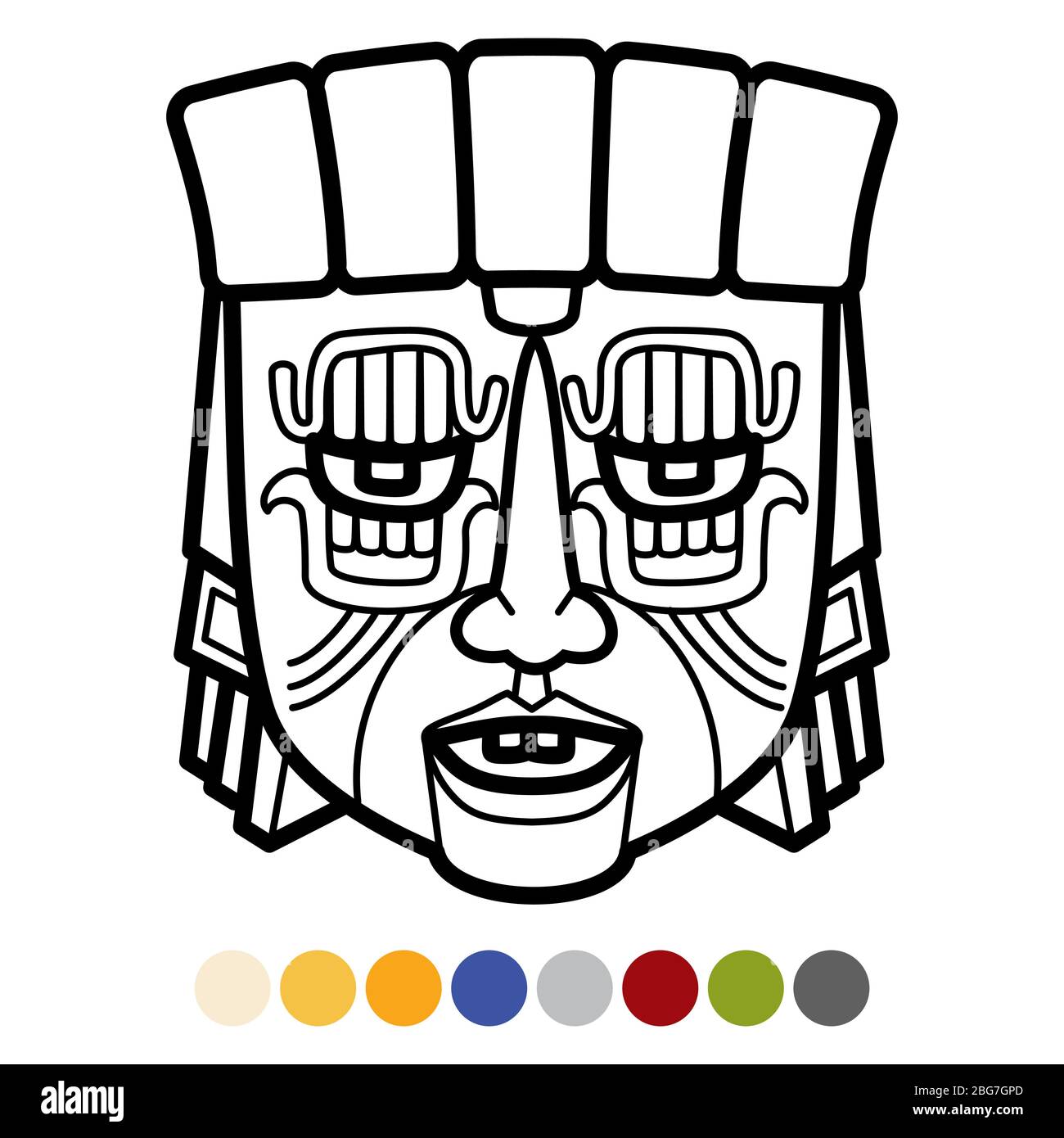 Pagina di colorazione con maschera tribale indiana azteca, africana, messicana con campioni di colore. Illustrazione vettoriale Illustrazione Vettoriale
