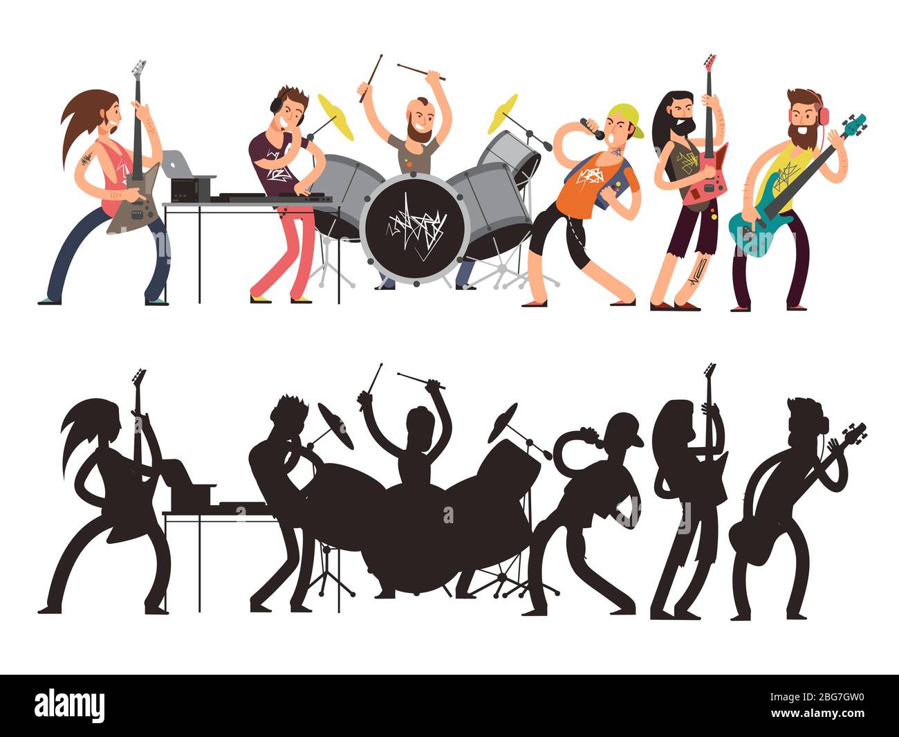 Spettacolo musicale con giovani musicisti. Rock Concert Vector Flat Concept. Set di personaggi cartoni animati e silhouette musiciste. Illustrazione del batterista Illustrazione Vettoriale